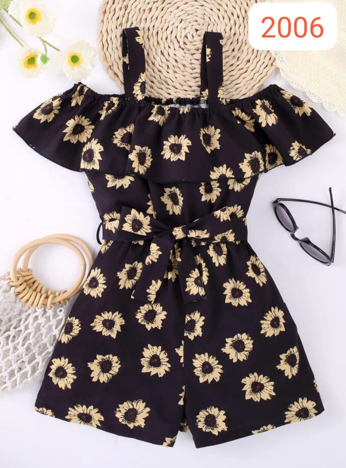 Sunflower Print Off-Shoulder Jumpsuit – Cotton Spandex