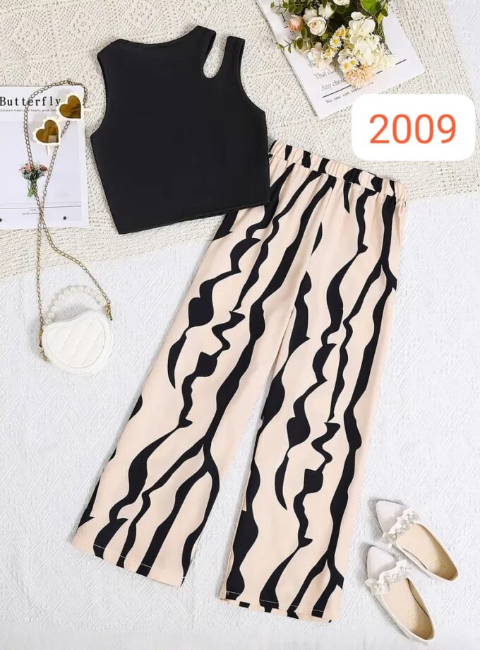 Stylish Abstract Print Pant & Black Crop Top Set – Cotton Spandex