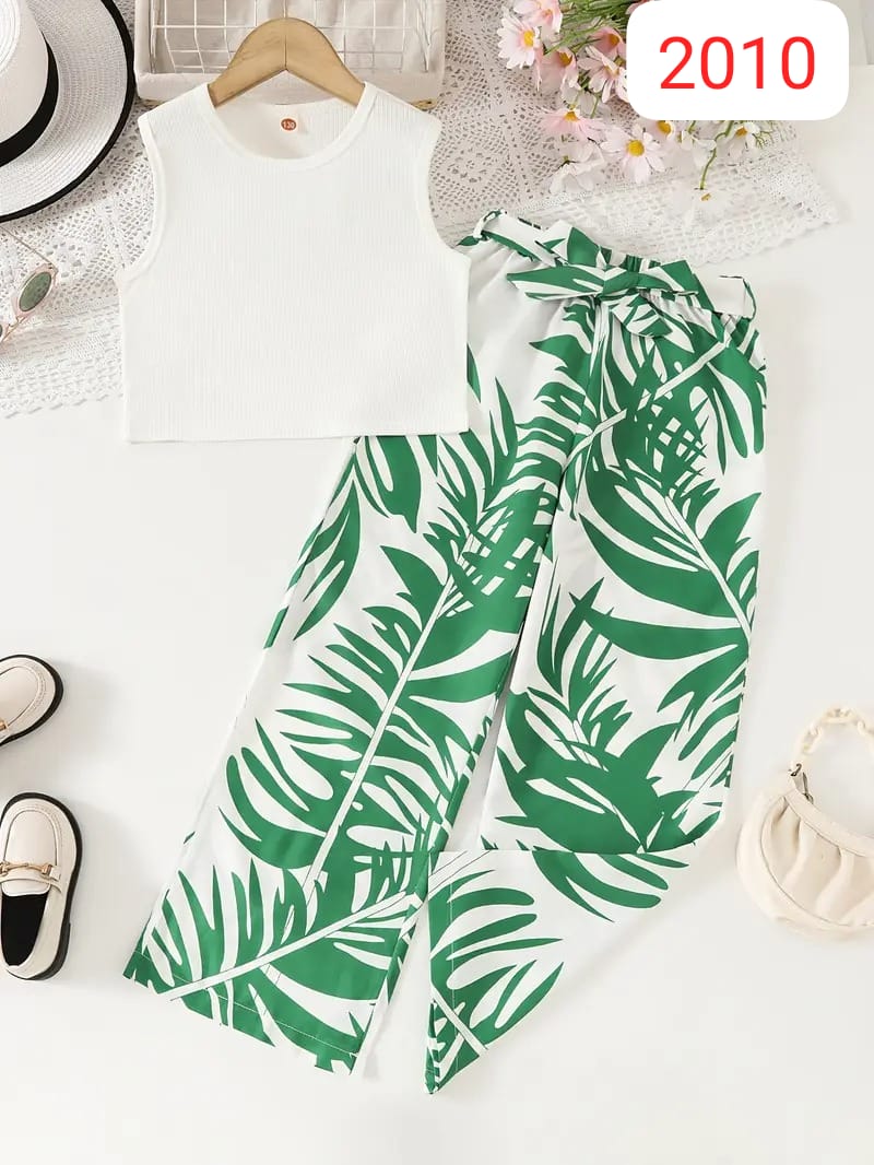 Tropical Leaf Print Pant & White Crop Top Set – Cotton Spandex